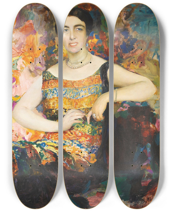 Triptych art skateboard deck of Filipp Malyavin Portrait Of A Lady by Filipp Malyavin (1869-1940)