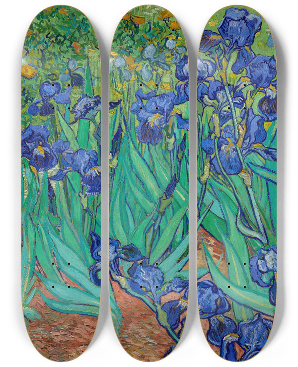 Triptych art skateboard deck of Vincent Van Gogh Irises_1 by Vincent van Gogh (1853-1890)