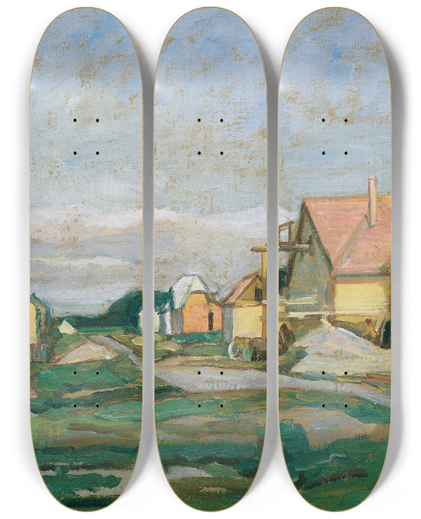 Triptych art skateboard deck of Johanna Kampmannfreund Vorortsiedlung by Johanna Kampmann-Freund (1888-1940)