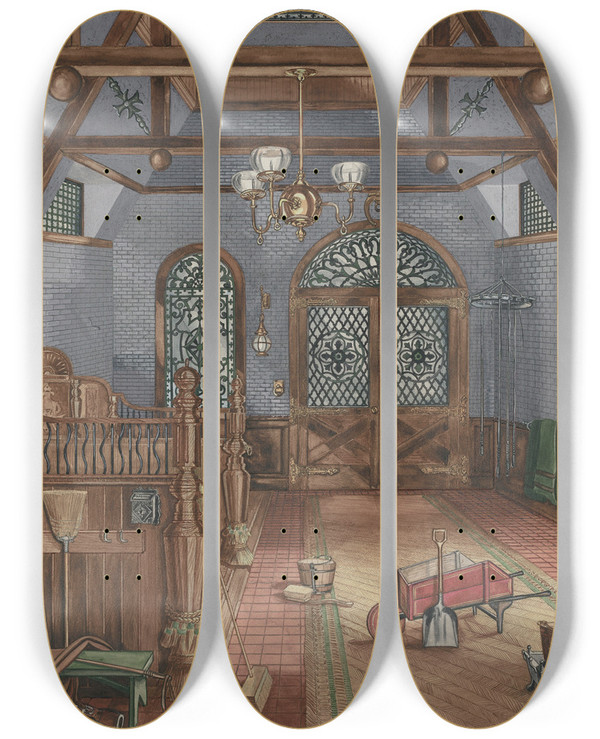 Triptych art skateboard deck of Perkins Harnly Stable by Perkins Harnly (1901-1986)