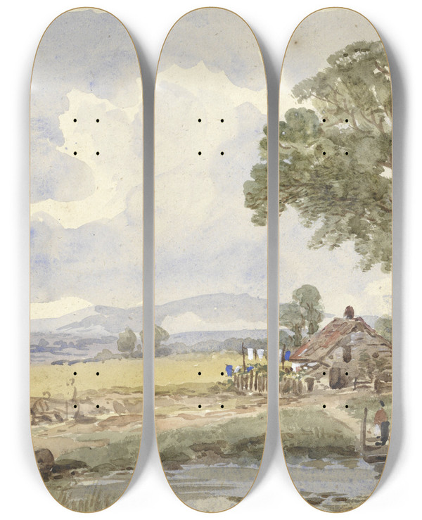 Triptych art skateboard deck of Pieter Van Loon Landschap Met Boerderij by Pieter Van Loon (1801-1873)