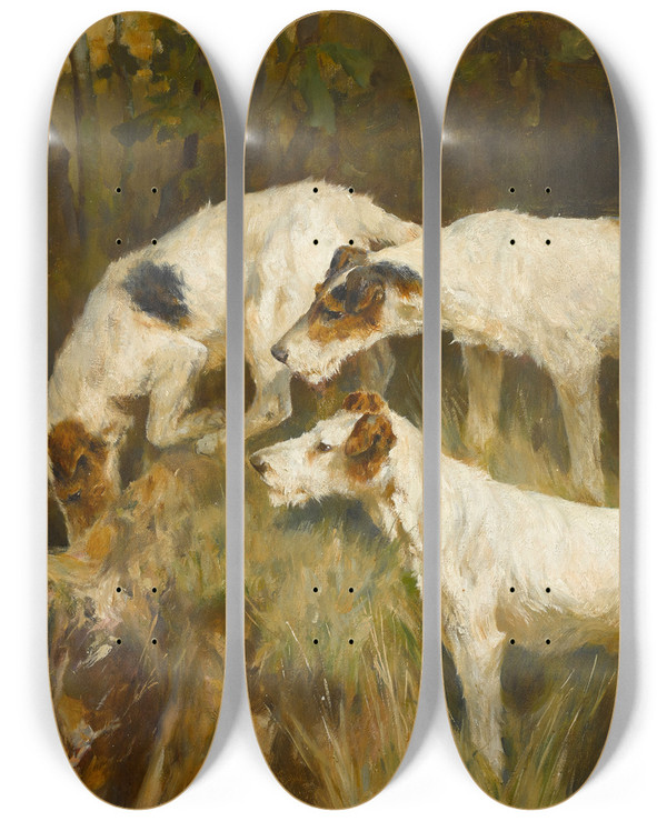 Triptych art skateboard deck of Arthur Wardle Three Wire Fox Terriers Working A Hole by Arthur Wardle (1864-1949)