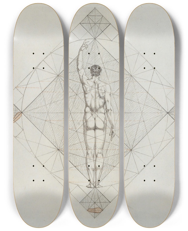 Triptych art skateboard deck of Philipp Jakob Becker Proportionsstudie Rckenansicht Eines Stehenden Nackten Mannes Mit Erhobenem Linken Arm by Philipp Jakob Becker