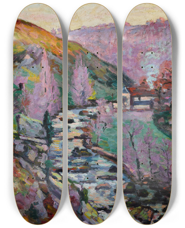 Triptych art skateboard deck of Armand Guillaumin Crozant La Folie Le Soir by Armand Guillaumin (1841-1927)