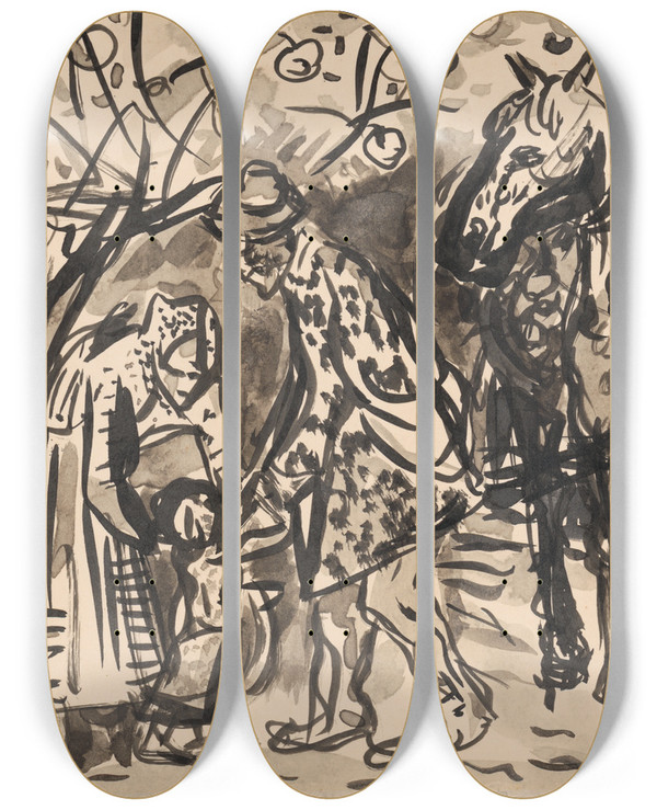 Triptych art skateboard deck of Arnold Peter Weiszkubnan Family by Arnold Peter Weisz-Kubnan (1898-1944)