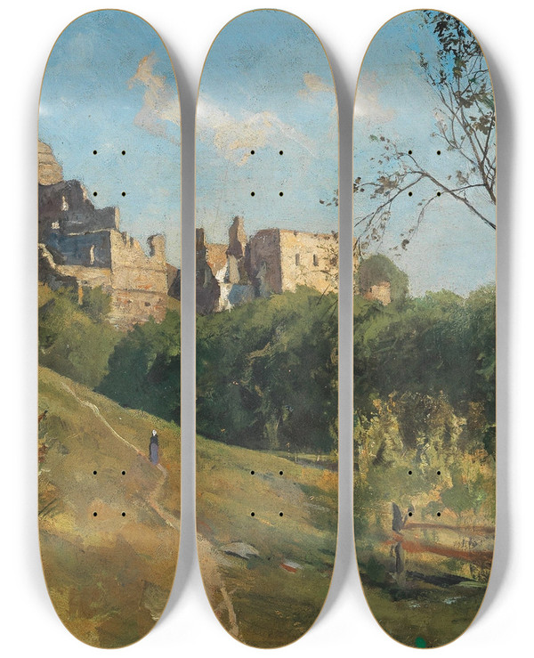 Triptych art skateboard deck of Eduard Zetsche Ruins In The Wachau Region by Eduard Zetsche (1844-1927)