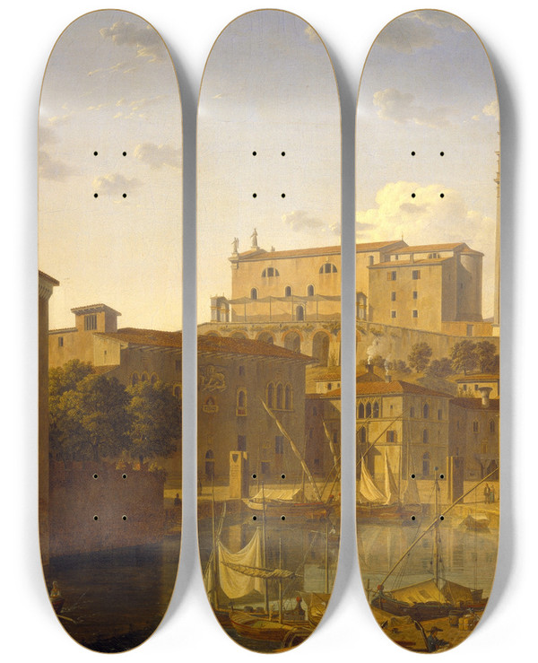 Triptych art skateboard deck of Leo Von Klenze The Harbour At Pirano Istria by Leo Von Klenze (1784-1864)