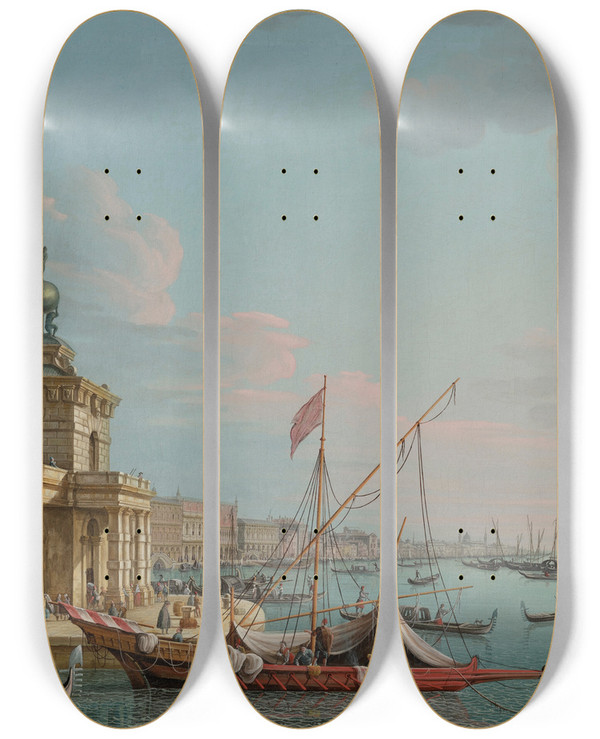 Triptych art skateboard deck of Pietro Bellotti Venice With The Punta Della Dogana Looking East Towards The Doges Palace by Pietro Bellotti (1623-1700)