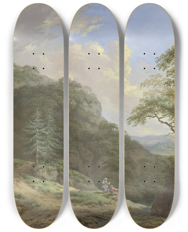 Triptych art skateboard deck of Johann Albrecht Friedrich Rauscher Mountainscape by Johann Albrecht Friedrich Rauscher (1754-1808)