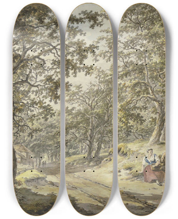 Triptych art skateboard deck of Hermanus Van Brussel Weg Durch Den Wald An Einem Gehft Vorbei Vorn Ein Ruhender Bauer Und Buerin Mit Ihren Krben by Hermanus Van Brussel (1763-1815)