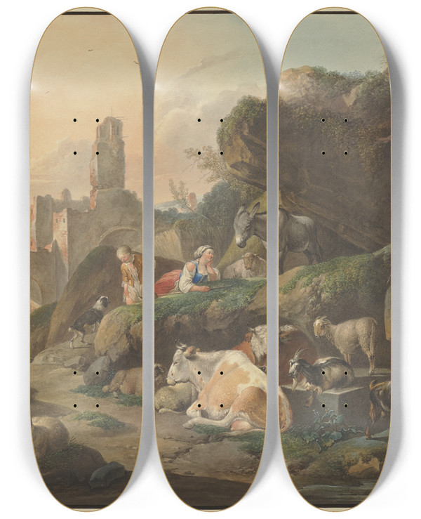 Triptych art skateboard deck of Johann Friedrich Morgenstern Hirten Auf Felsen Eine Hirtin Liegt Vor Einem Esel Vorn Khe Schafe Und Ziegen Im Hintergrund Ruinen Mit Einer Brcke by Johann Friedrich Morgenstern (1777-1844)