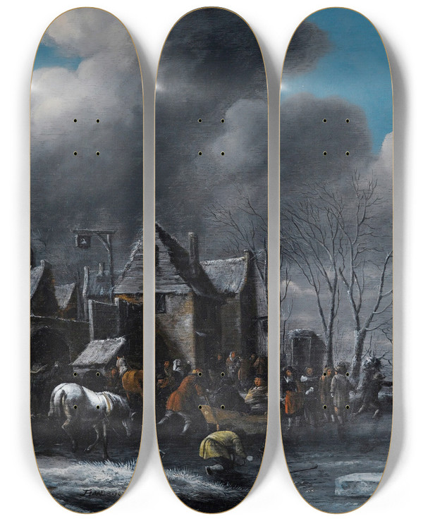 Triptych art skateboard deck of Thomas Heeremans Skaters On A Frozen River by Thomas Heeremans (1641-1694)