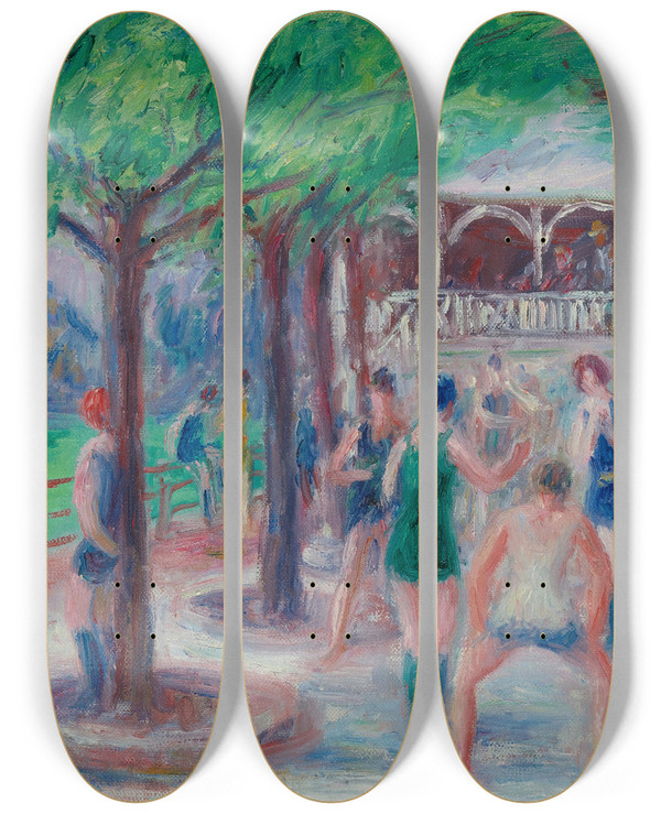 Triptych art skateboard deck of William James Glackens Bathers At Play Study 2 by William James Glackens (1870-1938)