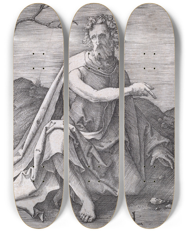 Triptych art skateboard deck of Lucas Van Leyden Saint John The Baptist In The Desert by Lucas Van Leyden (1494-1533)