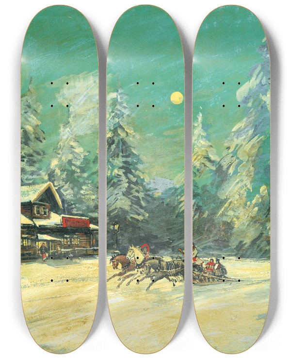 Triptych art skateboard deck of Konstantin Alexeevich Korovin Troka Passant Devant Une Auberge La Nuit by Konstantin Alexeevich Korovin (1861-1939)