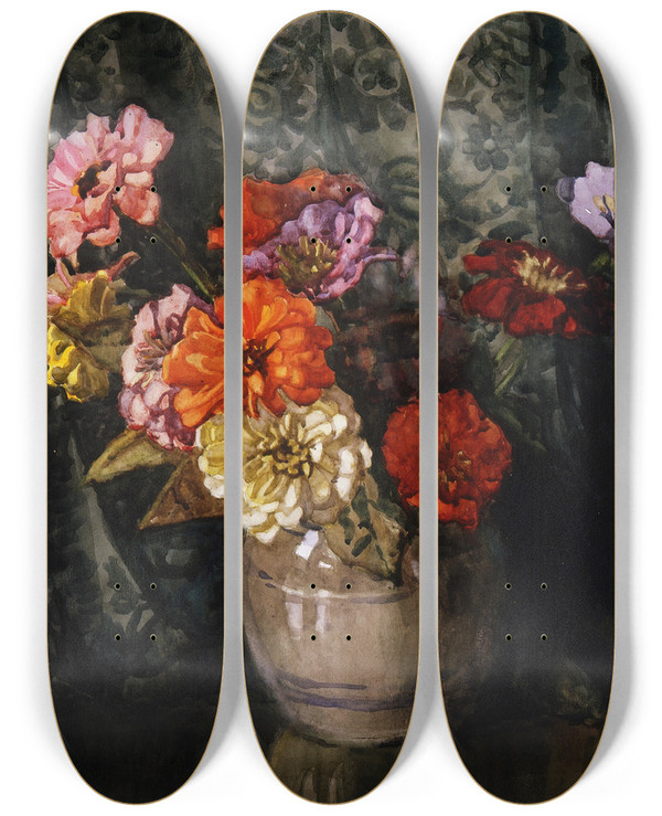 Triptych art skateboard deck of Dorothy Richmond Zinnias_1 by Dorothy Richmond (1861-1935)