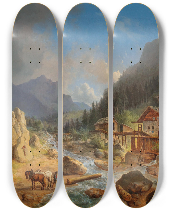 Triptych art skateboard deck of Franz Xaver Hofstetten Mountain Landscape With Mill On A Stream by Franz Xaver Hofstetten (1811-1883)