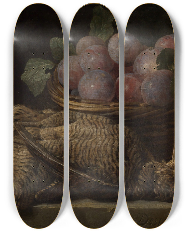 Triptych art skateboard deck of Alexandre Franois Desportes Still Life With Plums And Two Snipes On A Stone Table by Alexandre Francois Desportes (1661-1743)