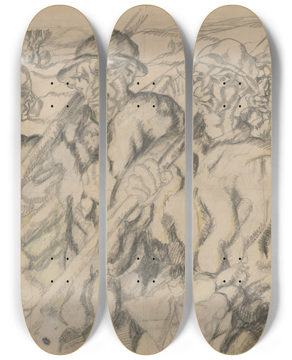 Triptych art skateboard deck of Kontantn Bauer Robotnci by Konstantin Bauer (1893-1928)