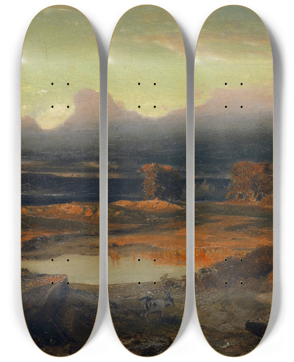 Triptych art skateboard deck of Arnold Bcklin Landscape At Sunset 1849 by Arnold Bocklin (1827-1901)
