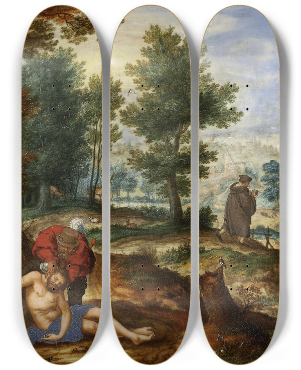 Triptych art skateboard deck of Pieter Stevens Circle Landscape With The Good Samaritan by Pieter Stevens Circle (1567-1624)