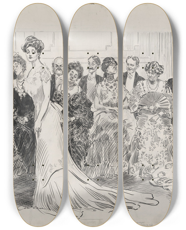 Triptych art skateboard deck of Charles Dana Gibson The Jury Disagrees_1 by Charles Dana Gibson (1867-1944)
