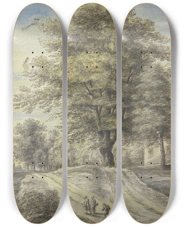 Triptych art skateboard deck of Lucas Van Uden Bei Einem Haus Ein Groer Baum Vorne Drei Figuren Und Ein Hund by Lucas Van Uden (1595-1672)