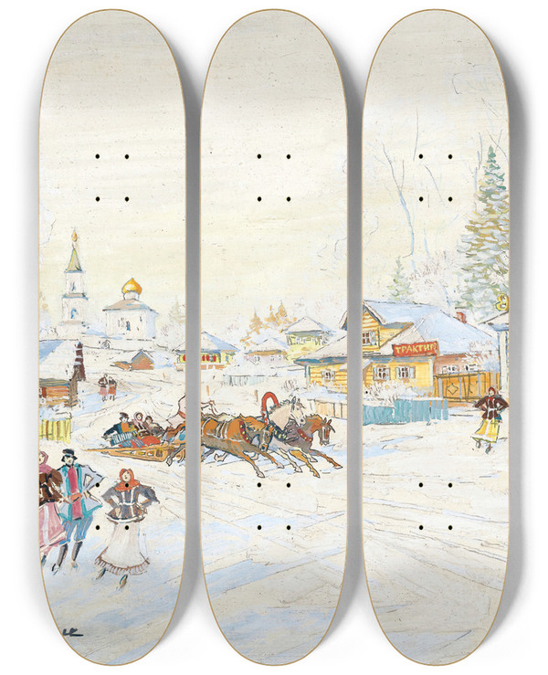 Triptych art skateboard deck of Konstantin Alexeevich Korovin Winter Landscape_1 by Konstantin Alexeevich Korovin (1861-1939)