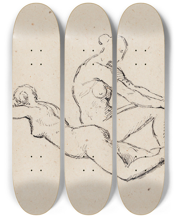 Triptych art skateboard deck of Helene Schjerfbeck Kaksi Alastonta Naista by Helene Schjerfbeck (1862-1946)