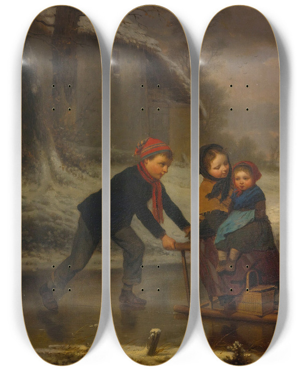 Triptych art skateboard deck of Edouard Frre On The Ice by Edouard Frere (1819-1886)