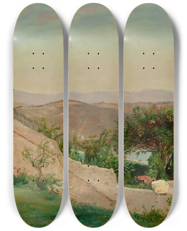 Triptych art skateboard deck of Worthington Whittredge Lake Albano From Castle Gandolfi Italy by Worthington Whittredge (1820-1910)