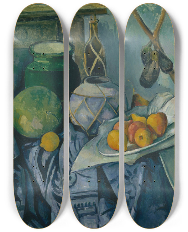 Triptych art skateboard deck of Paul Czanne Still Life With A Ginger Jar And Eggplants by Paul Cezanne (1839-1906)