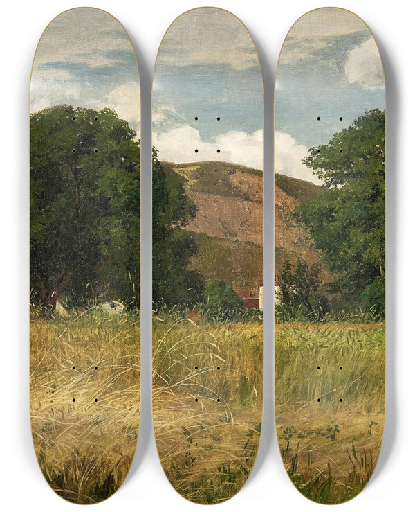 Triptych art skateboard deck of Hans Thoma Meadow With Two Big Trees by Hans Thoma (1839-1924)