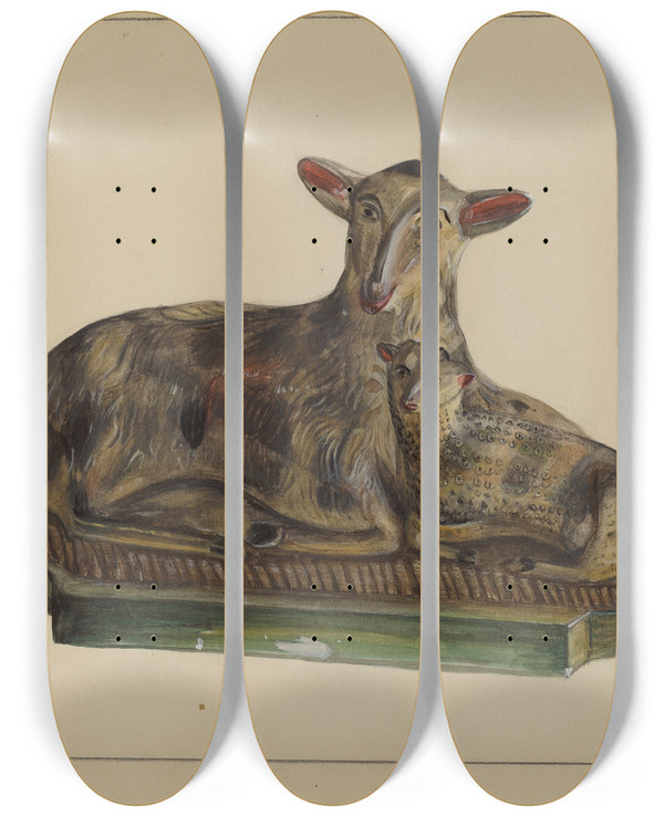 Triptych art skateboard deck of Mina Lowry Pa German Chalkware Lamp And Sheep by Mina Lowry (1894-1942)