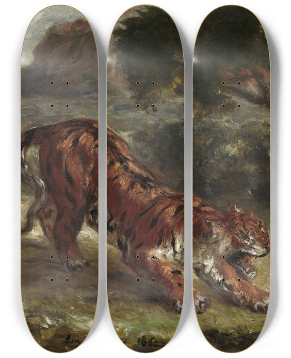 Triptych art skateboard deck of Eugne Delacroix Tiger And Snake by Eugene Delacroix (1798-1863)