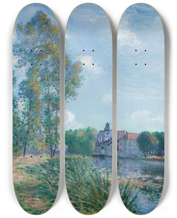 Triptych art skateboard deck of Alfred Sisley Le Loing Moret En T by Alfred Sisley (1840-1899)