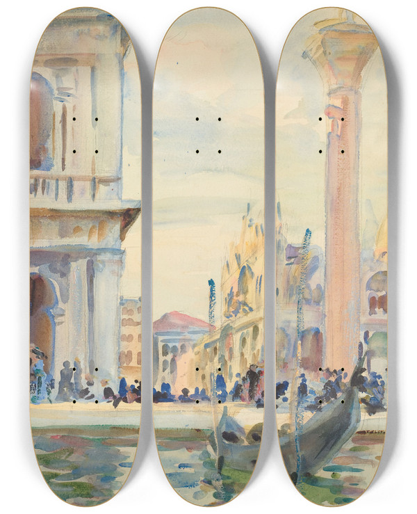 Triptych art skateboard deck of John Singer Sargent The Piazzetta by John Singer Sargent (1856-1925)
