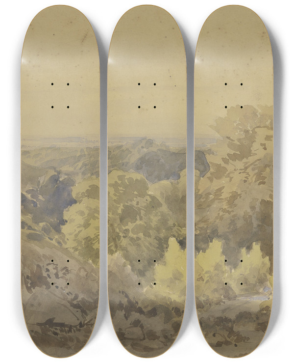 Triptych art skateboard deck of Peter Burnitz Autumn Landscape Near The Taunus by Peter Burnitz (1824-1886)