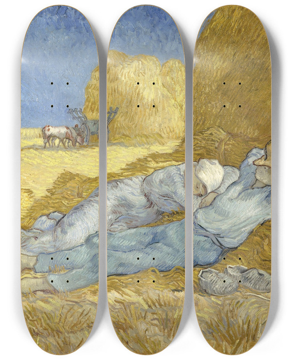 Triptych art skateboard deck of Vincent Van Gogh The Siesta After Millet by Vincent van Gogh (1853-1890)