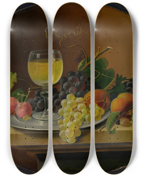 Triptych art skateboard deck of Severin Roesen Still Life Fruit And Wine Glass by Severin Roesen (1816-1872)