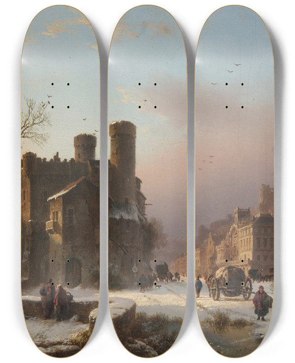 Triptych art skateboard deck of Barend Cornelis Koekkoek A Winter Landscape With Figures Near A Village by Barend Cornelis Koekkoek (1803-1862)