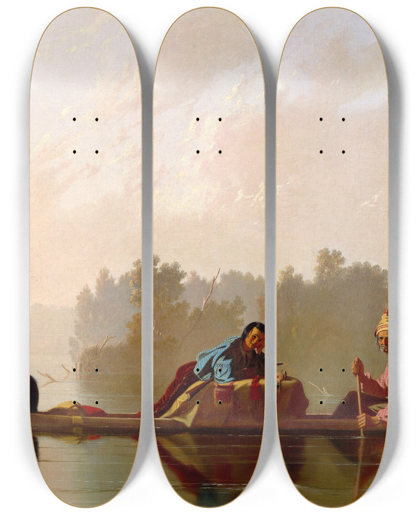 Triptych art skateboard deck of George Caleb Bingham Fur Traders Descending The Missouri by George Caleb Bingham (1811-1879)