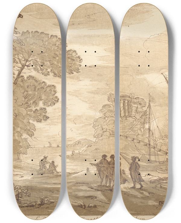 Triptych art skateboard deck of George Knapton Landscape With Explorers by George Knapton (1698-1778)