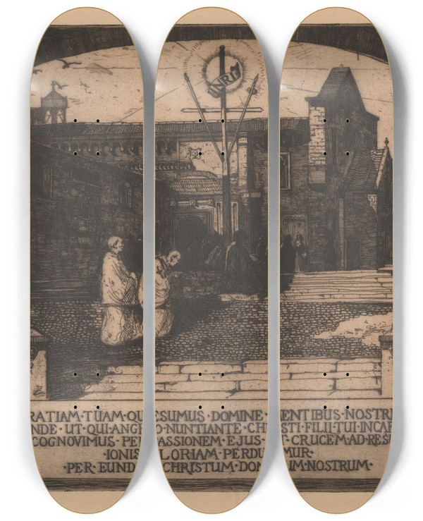 Triptych art skateboard deck of David Young Cameron The Monastery by David Young Cameron (1865-1945)