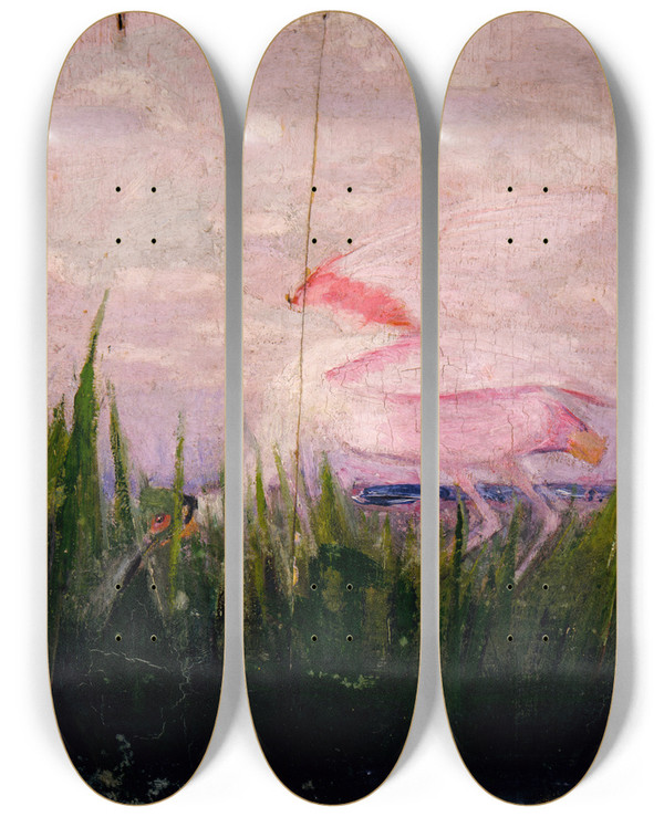 Triptych art skateboard deck of Abbott Handerson Thayer Roseate Spoonbill Study For Book Concealing Coloration In The Animal Kingdom by Abbott Handerson Thayer (1849-1921)