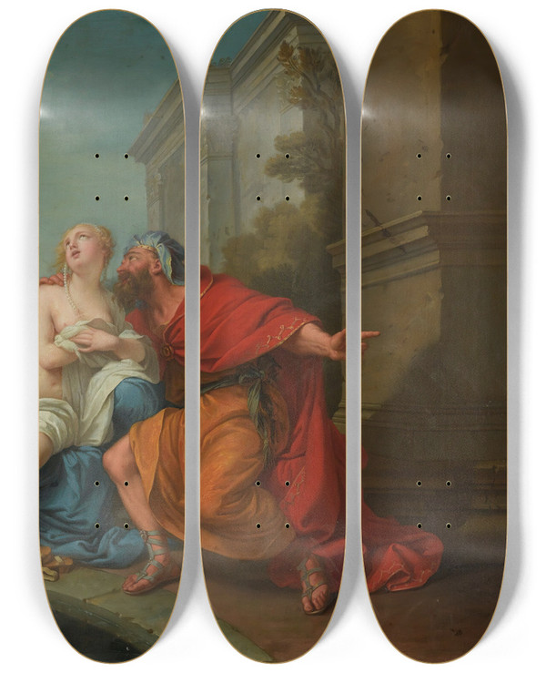 Triptych art skateboard deck of Jeanbaptiste Van Loo Susannah And The Elders by Jean-Baptiste van Loo (1684-1745)