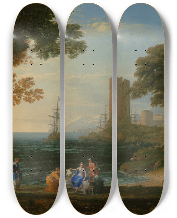 Triptych art skateboard deck of Claude Lorrain Coast View With The Abduction Of Europa by Claude Lorrain (1604-1682)