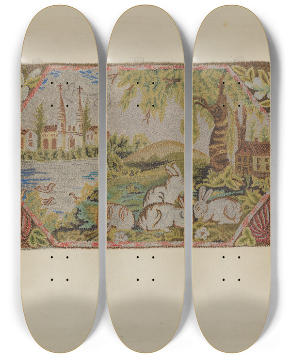 Triptych art skateboard deck of William P Shearwood Hooked Rug by William P Shearwood
