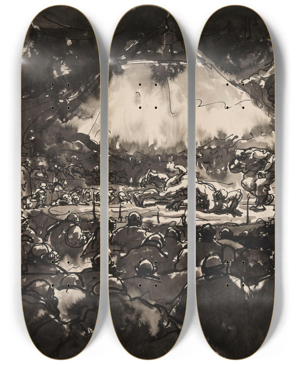 Triptych art skateboard deck of Alfred Ost The Sportpaleis In Antwerp by Alfred Ost (1884-1945)
