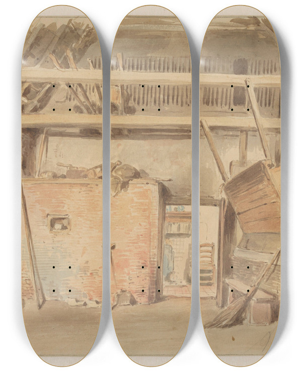 Triptych art skateboard deck of Jan Striening Interieur Van Een Boerenschuur Met Doorkijk Naar De Keuken by Jan Striening (1827-1903)